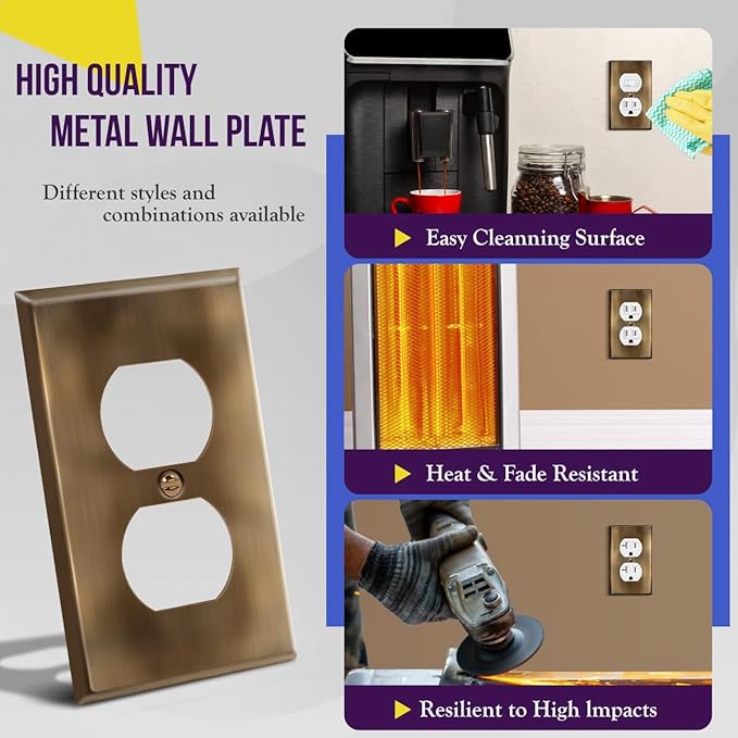 ENERLITES Duplex Receptacle Metal Wall Plate, Stainless Steel, Outlet Cover, Corrosion Resistant, Standard Size 1-Gang 4.50" x 2.76", Stainless Steel 201, 7721-AB, Antique Brass