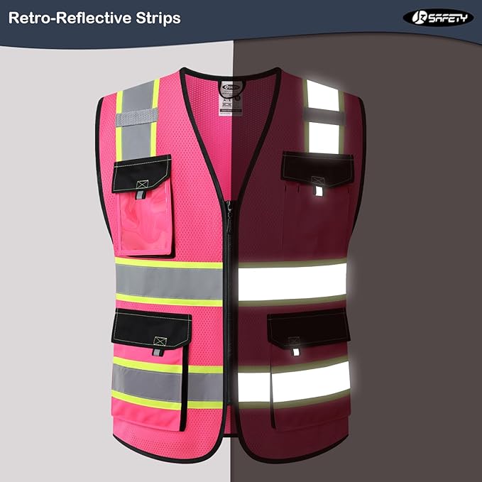 JKSafety Hi Vis Reflective Safety Vests for Men Women High Visibility Vest with Pockets Mesh Fabric Construction Safety Apparel Neon Vest for Work (220-Pink M)