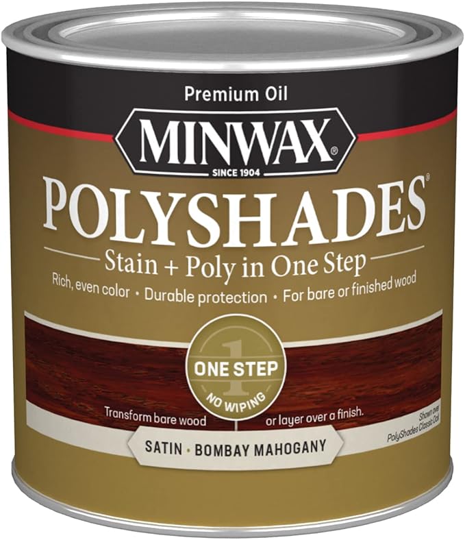 Minwax PolyShades Wood Stain + Polyurethane Finish – ½ Pint, Bombay Mahogany, Satin, Brown