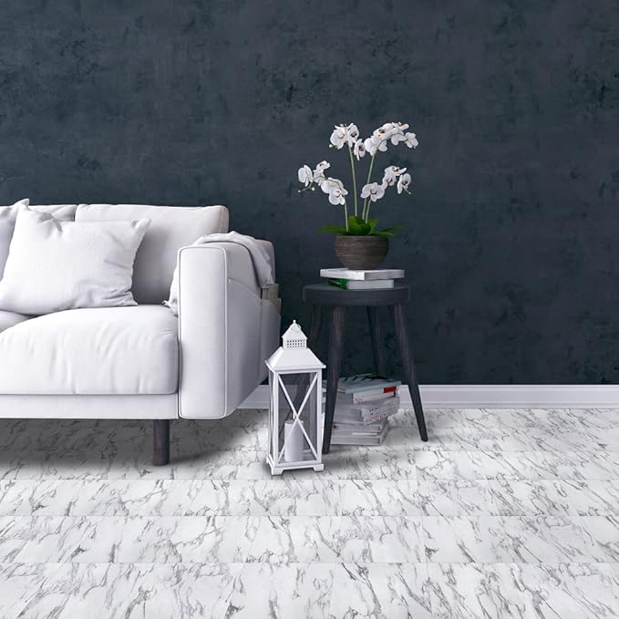 Tivoli Self Adhesive Vinyl Floor Tiles, 45 Tiles - 12" x 12", Bianco Marble - Peel & Stick, DIY Flooring for Kitchen, Dining Room, Bedrooms, Basements & Bathrooms by Achim Home Decor