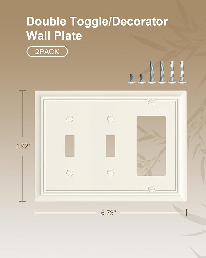 2-Pack Combo Double Toggle/Decorator Outlet Cover Plate, Light Almond Decorative Switch Plates and Outlet Covers, Durable Natural Bamboo Fiber Wall Plate for Electrical Outlet, Receptacle, GFCI Outlet