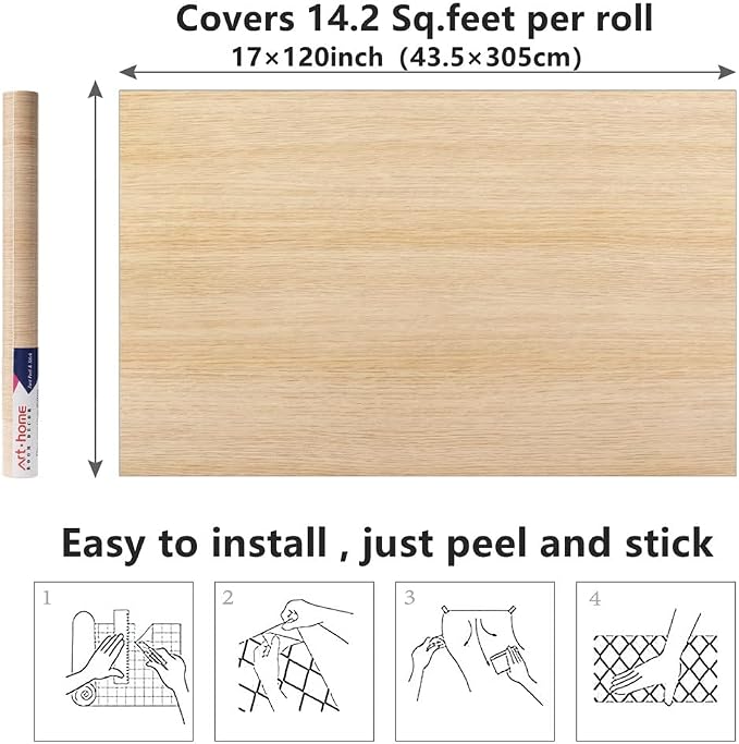 Arthome 16.5" x120''Peel and Stick Oak Wood Contact Paper Self-Adhesive Wall Paper,Decorative Vinyl Film for Countertop, Cabinets, Shelf, Drawer Liner,Easy to Clean Removable Wall Covering