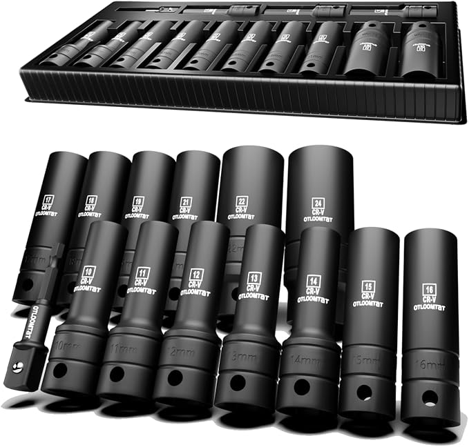 OTLOOMTBT 1/2" Drive Impact Socket Set, Metric Deep with Drill Adapter | 14PCS HeavyDuty Cr-V Steel Impact Sockets, 6-Point Grip,High Torque Ready for Auto Repair, Mechanics &DIY Projects