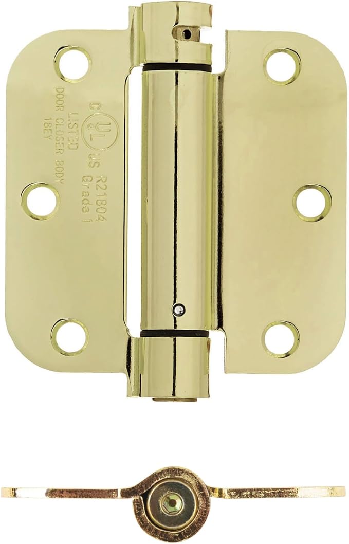 Amazon Basics Self-Closing Door Hinge, 3.5 Inch x 3.5 Inch, Polished Brass, 1-Piece, Hardware Included (Pack of 2)