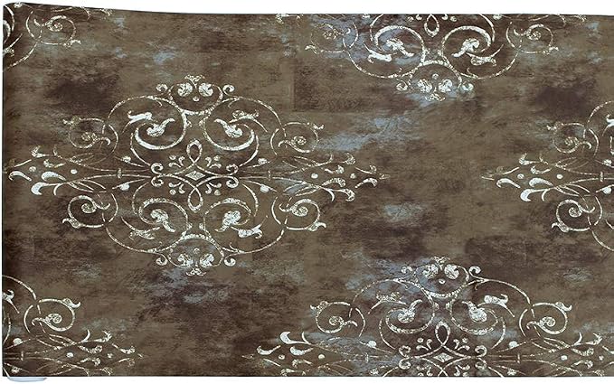 HAOKHOME Vintage Peel and Stick Wallpaper Damask Brown/Beige/Teal Vinyl Stick on Wall Paper for Bathroom Bedroom Home Decor 17.7in x 9.8ft