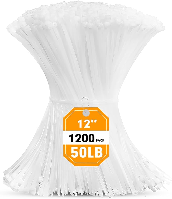 Zip Ties, RAZCC 1200pcs Cable Zip Ties 12 Inch, Heavy Duty White Plastic Wire Ties with 50lb Tensile Strength, Self-Locking Nylon Cable Ties, Wire Management for Indoor and Outdoor