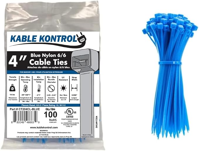 Kable Kontrol Blue Zip Ties 4 Inch 100 Pcs, 18 Lbs Tensile Strength, Self-locking Nylon Colored Cable Ties Wire Wraps for Indoor or Outdoor Use