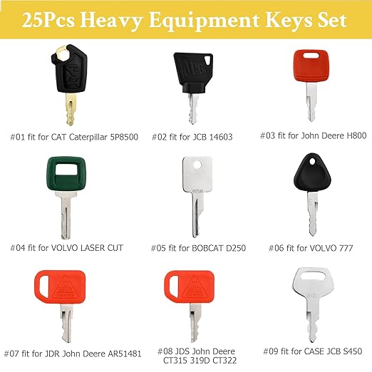 25 Heavy Equipment Keys, Master Key Set for Cat Caterpillar John Deere Case Bobcat JLG JCB Volvo Hyster Ford New Holland Yanmar Takeuchi Kubota Komatsu Construction Heavy Equipment Machine