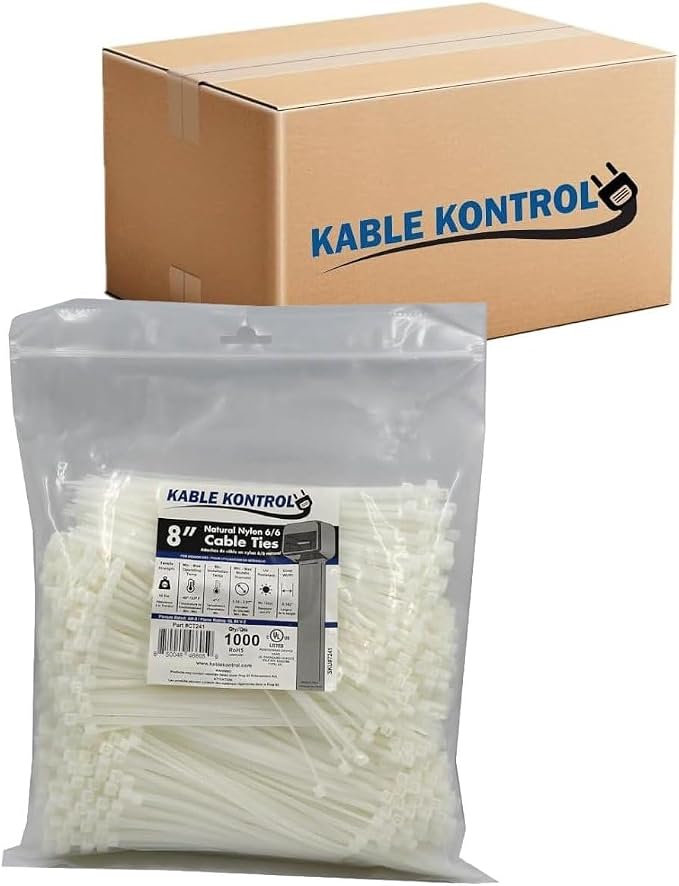 Kable Kontrol Cable Zip Ties, 8 Inch, 17000 Pcs, 40lbs Test, Natural White | Nylon Plastic, Self Locking, UL Listed, Indoor Use