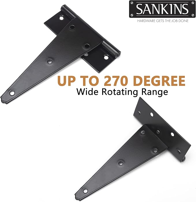 10 Inch T-Strap Shed Door Hinges Heavy Duty, Black Tee Hinge for Wooden Fences, Yard Door, Barn Door Gates, Wrought Hardware Rustproof, 4PCS
