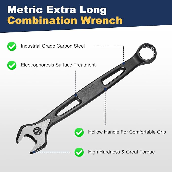 HARFINGTON 2pcs Combination Wrench 18mm Metric Extra Long 12-Point Box and Open End Carbon Steel Double Ended Industrial Grade Spanner for Automotive Furniture Machinery DIY Repair, Black