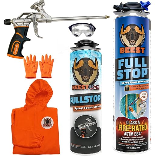 BEEST FullStop Spray Foam Insulation Kit - 20 Board ft/sq.ft. Fire Rated Spray Insulation Foam for Walls & Attics with Thermal & Soundproofing - Includes 1 Can, 1 Cleaner, Pro X Gun, Safety Gear