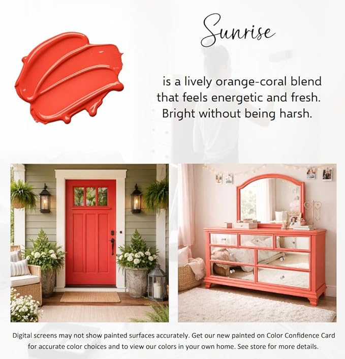 ALL-IN-ONE Paint by Heirloom Traditions, Sunrise (Orange Coral), Quart - Durable cabinet and furniture paint. Built in primer and top coat, no sanding needed. Includes our 30 featured color card.