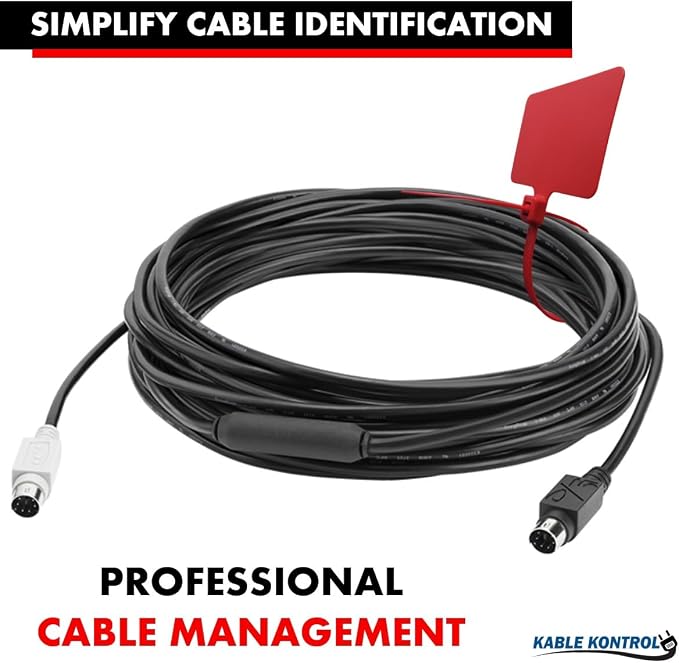 Kable Kontrol Cable Marker Identification Zip Ties 12 Inch 100 Pcs – Red | Large ID Flag Label Straps, Self-Locking Write on Tags for Ethernet, Power, and Cord Labeling