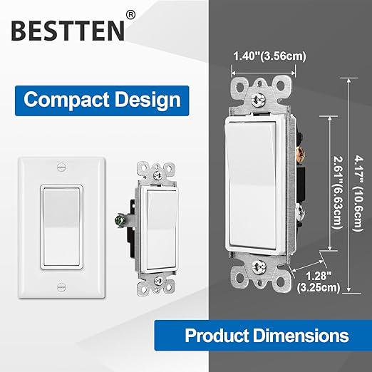 BESTTEN 30 Pack Single Pole Decorator Light Switch, Rocker Paddle Wall Switch, On/Off Interrupter, w/Wall Plate, 15A 120/277V, UL Listed, White