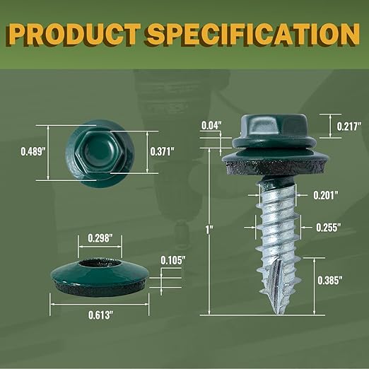 LIONMAX Metal Roofing Screws #14 x 1 Inch, 300-PCS, Forest/Ivy Green Painted Hex Head Sheet Metal Screw with Rubber Washer, Sharp Point, for Roofing and Siding, Hex Socket Included