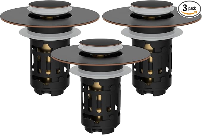 Hibbent 3 Pack Upgraded 3 in 1 Bathroom Sink Drain Strainer, Universal Pop Up Stopper with Removable Stainless Steel Filter Basket Hair Catcher, Sink Plug for 1.1''~2.36'' Basin, Oil-Rubbed Bronze