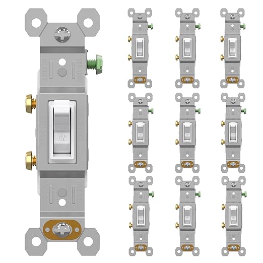 AIDA 15 Amp Single Pole Quiet Indoor Toggle Switch Self-Grounding ON Off, Residential Grade, UL Listed, Quickwire Push-in & Side Wired (White, 10 Pack)