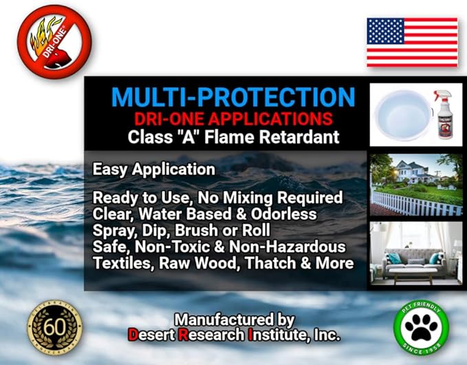 Fire Retardant Spray Liquid Solution for Natural Textiles, Raw Wood, Absorbent Materials & More - Class A Flame Retardant -Eco Safe - NFPA 701- ASTM E84-5 Gallon pail of DRI-ONE®