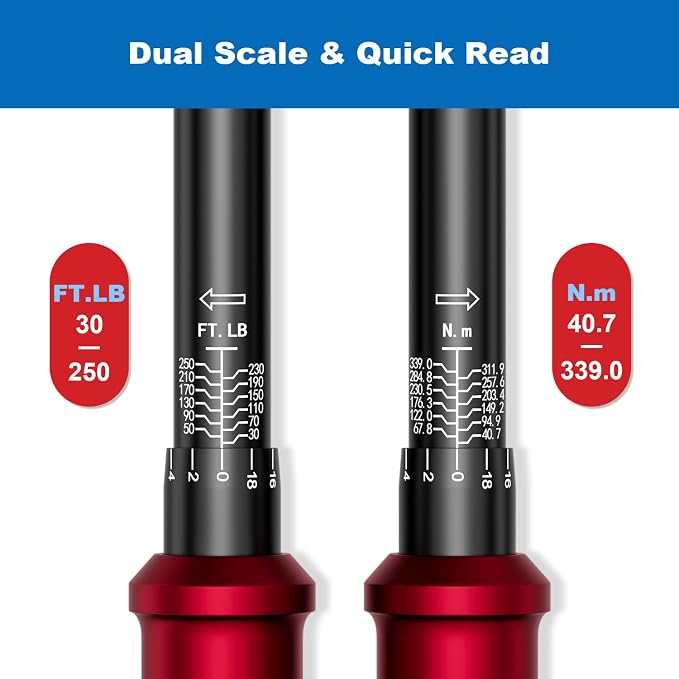 1/2" Drive Torque Wrench, 30-250 Ft.Lb, 100-Tooth, for Heavy Duty | 40.7-339Nm, Click Type, 3.6° Arc Swing, ±3% High Accuracy,for Truck/SUV Suspension, Control Arms, Lug Nuts & Auto DIY