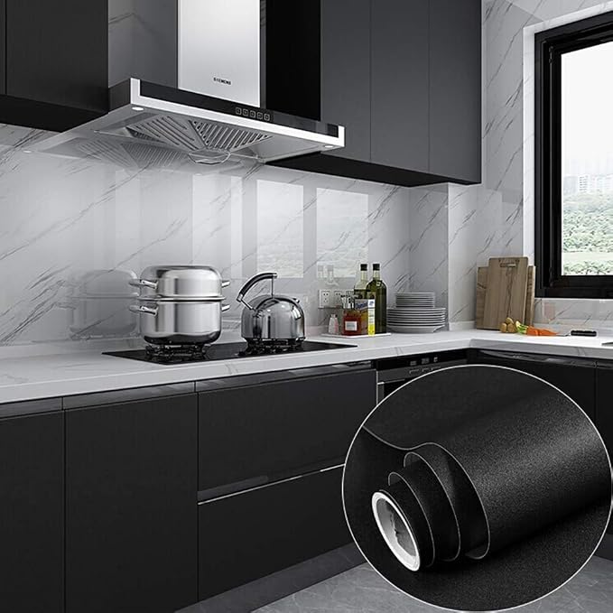 15.7" x393.7" Black Wallpaper Self Adhesive and Removable | Peel and Stick Vinyl Film Stick Paper Easy to Apply Wall Coverings Shelf Home Decorative Liner Table and Door Reform
