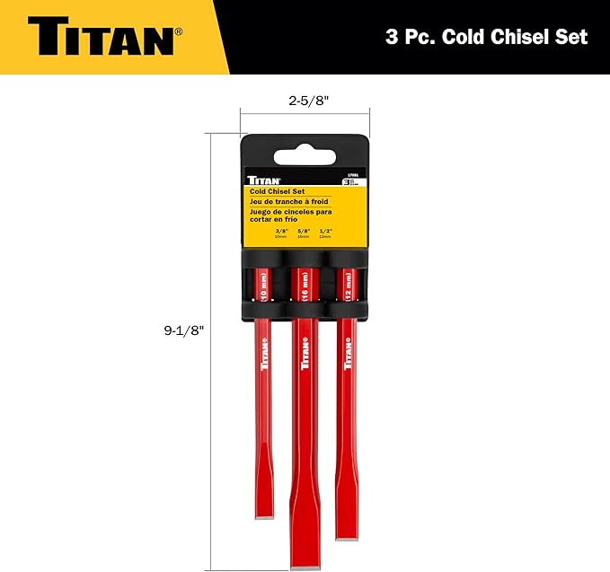 Titan 17081 3-Piece Heavy-Duty Cold Chisel Set, Includes 3/8, 5/8, & 1/2" Metal Chisels for Carpentry, Metalwork, Woodwork, & Masonry Work