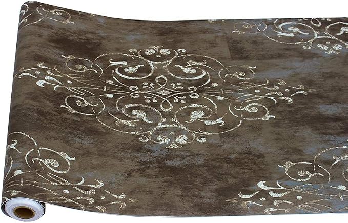HAOKHOME Vintage Peel and Stick Wallpaper Damask Brown/Beige/Teal Vinyl Stick on Wall Paper for Bathroom Bedroom Home Decor 17.7in x 32.8ft