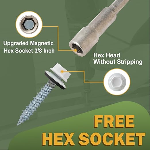 LIONMAX Metal Roofing Screws #14 × 1-1/2 Inch, 300-PCS, White Painted Hex Head Sheet Metal Roof Screws, Rubber Washer, Sharp Point, Metal to Wood Siding Screw, Hex Socket Included