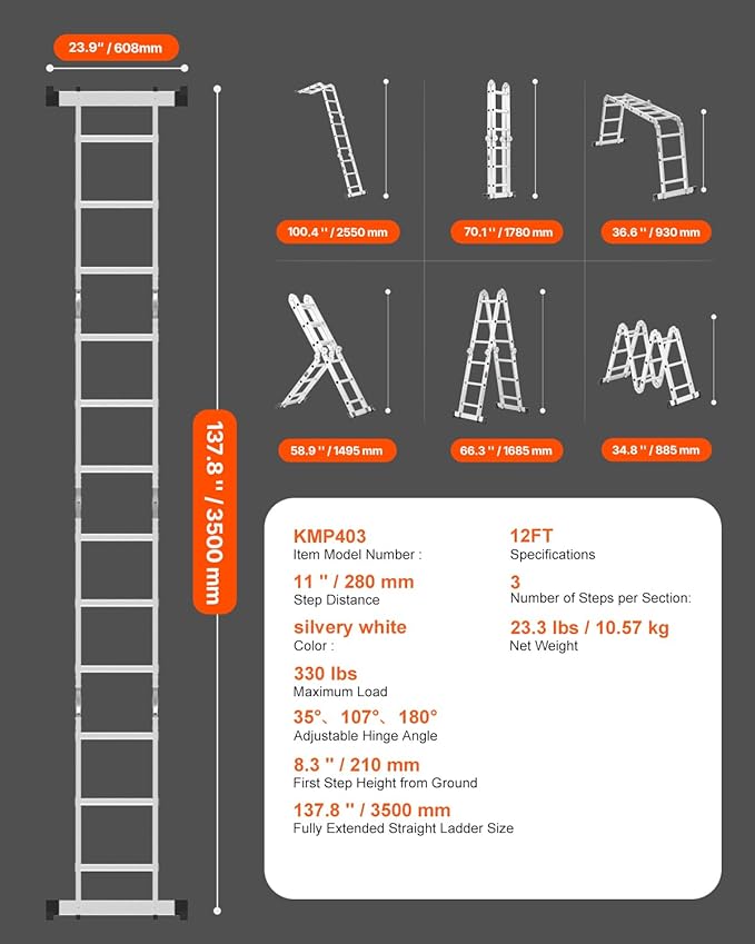VEVOR Multi-Purpose Folding Ladder, 7-in-1 Tall Step Ladder, A Frame 3 Step Adjustable Telescoping Ladder, 12ft Reach Height Heavy Duty Extension Ladder, 330 lbs Capacity for Household Outdoor Work