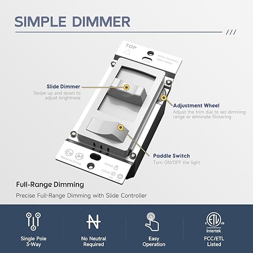 ECOELER Dimmer Light Switch, 3-Way/Single Pole Dimmer Switch for 300W Dimmable LED/CFL Lights and 600W INC/HAL Bulbs, No Neutral Wire Required, ETL&FCC Listed, White, 2 Pack