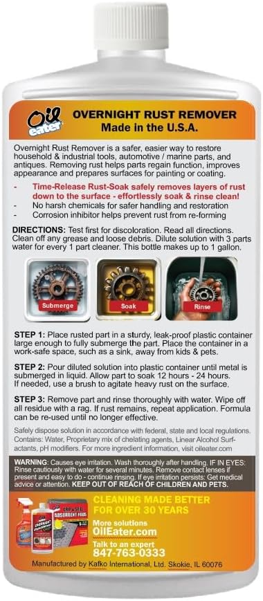 Oil Eater Overnight Rust Remover - Safe & Easy Soak for Tools, Auto Parts, Antiques, 32oz Concentrate - Makes 1-Gallon