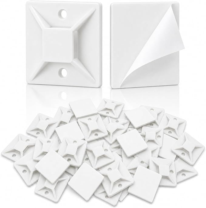 100 PCS 1" Adhesive Cable Tie Mounts – Strong Sticky Back Nylon Wire Holders for Cable Management in Home, Office, Car & Christmas Lights (White-100)