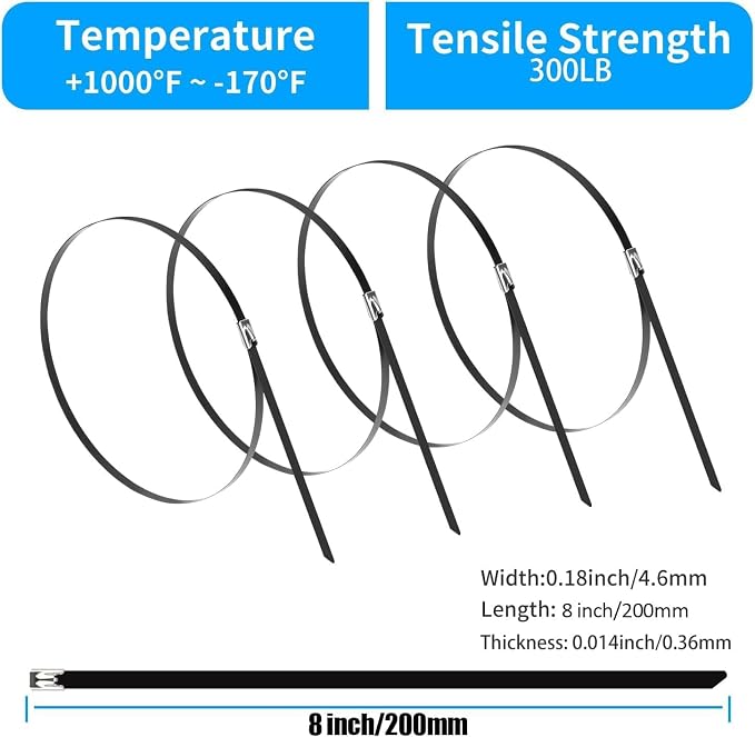 XINGO 8 inch Metal Zip Ties (600 Pack), 304 Stainless Steel Heavy Duty Zip Ties, 300lbs Tensile Strength, Multi-Purpose Self-locking Cable Ties for Exhaust Wrap, Outdoor and Canopy Etc