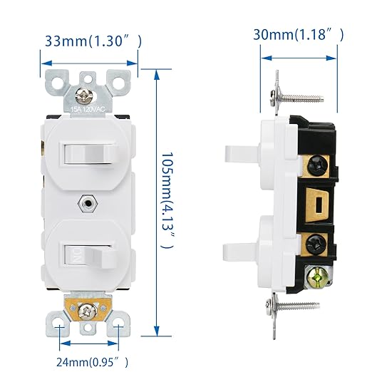 Baomain 10-Pack Double Toggle Light Switch,15 Amp 125V Two Single Pole Residential Grade,On/Off Electrical Wall Switch Self-grounding, Glossy White ETL Certified