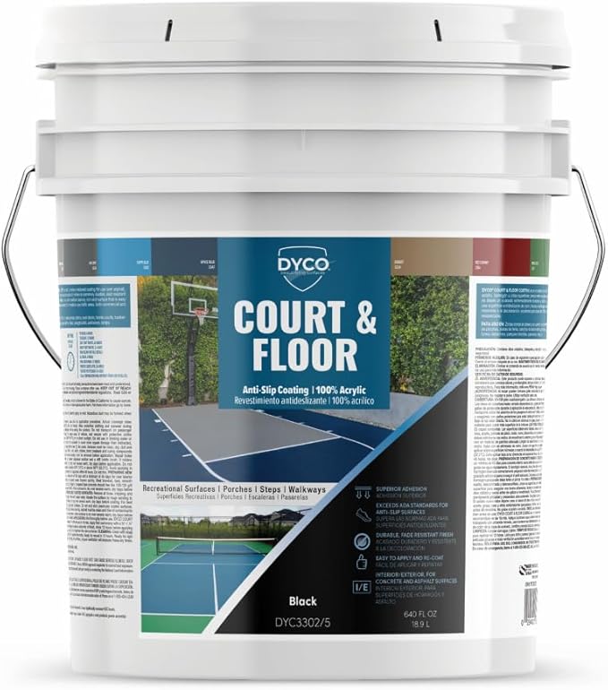 DYCO Court & Floor Anti-Slip Coating - Slip-Resistant Pavement, Cement & Concrete Paint for Pickleball, Tennis & Basketball Courts, Exceeds ADA Standards for Safety Areas (Black, 5 Gallons)