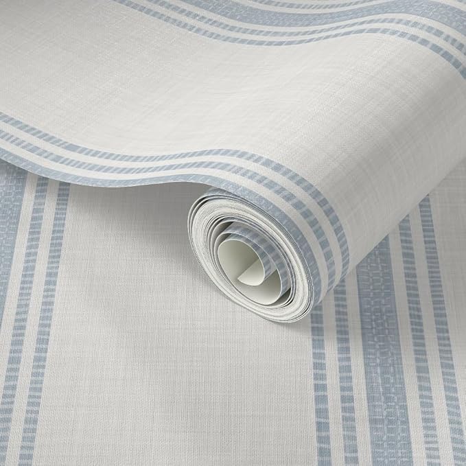 Spoonflower Blue Ticking Stripe Peel and Stick Wallpaper | Roll 24" x 144" | Neutral Cottage Simple Traditional | Self-adhesive, removable and renter-friendly