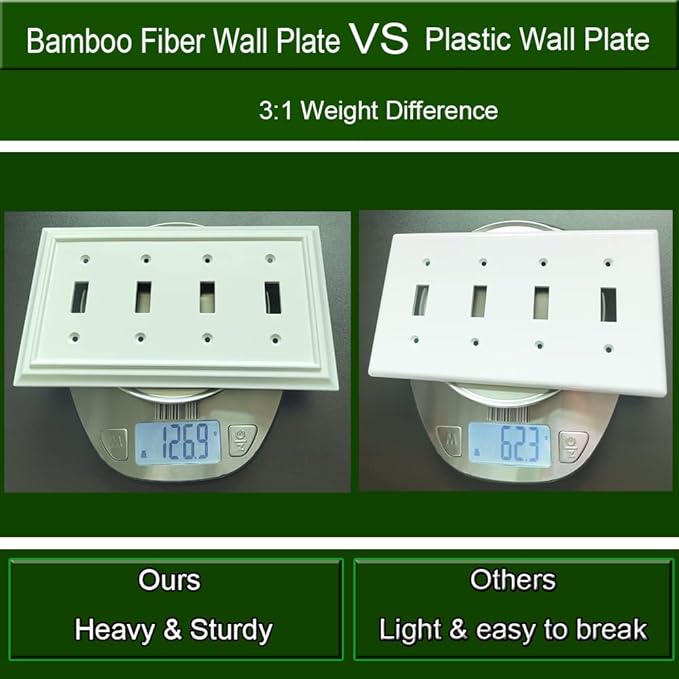 Wall Plates, Duplex Outlet Covers, Toggle Light Switch Plates, Decorator Light Switch Cover, Bamboo Fiber Material Wall Plate, Standard Size Wall Plates of various styles, White (4 Gang Toggle 1 Pack)