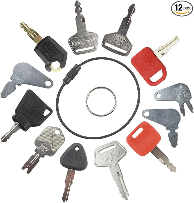 12 Heavy Equipment Key Set Replacement for Caterp-illar JD Bob-cat Hy-Ster Komat-su Forklifts Excavators Ca-se Do-zers