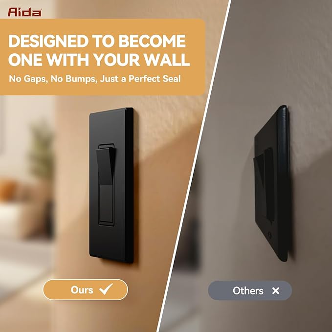 AIDA 1-Gang Midsize Screwless Light Switch Cover Plate, Decorative Outlet Covers - Matte Black, 1-Pack Screwless Unbreakable Polycarbonate Wall Plates for Decorator Device, UL Listed