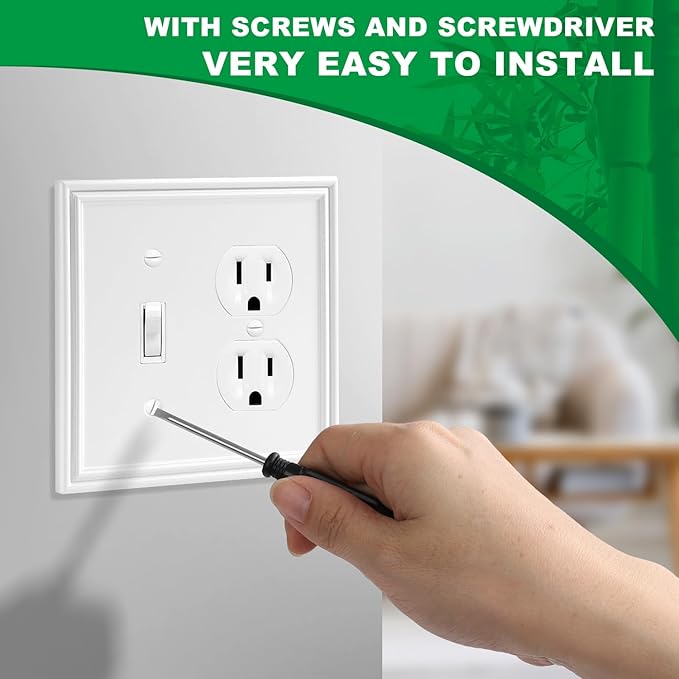 White Decorative Combination Light Switch Covers Wall Plate, Natural Material Switch Plate Outlet Covers - Modern Style (2 Gang Toggle/Duplex 2 Pack)