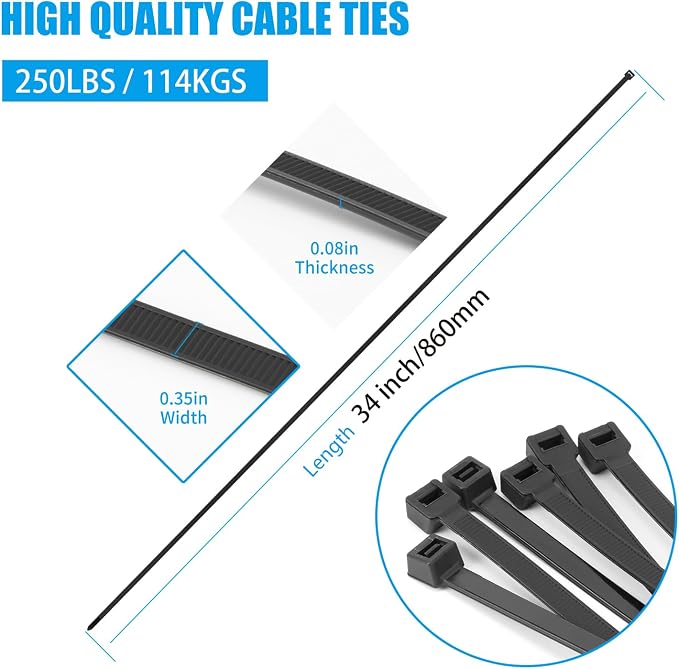Armpow 34 inch Black Zip Ties Heavy Duty 40 PCS, 250LBS Ultra Exclusive Strong Plastic Wire Ties, Large Cable Ties Extra Long Tie Wraps, Indoor and Outdoor UV Resistant