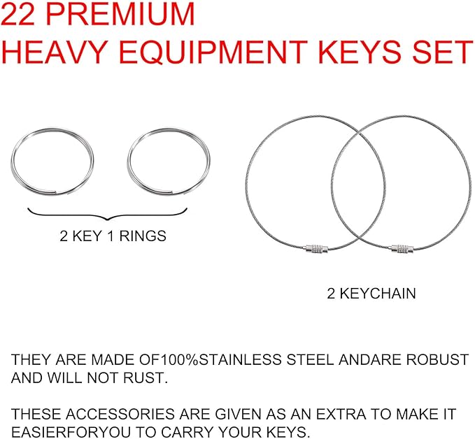 22-Piece Heavy Equipment Key Set: Universal Master Keys for CAT, John Deere, Komatsu, Kubota, JCB, Case, Bobcat, JLG & More – Durable Ignition Keys for Operators