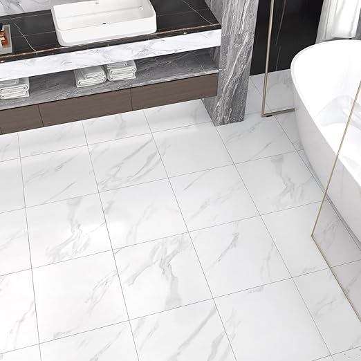 WESTICK White Marble Peel and Stick Floor Tile Bathroom Self Adhesive Floor Tiles Peel and Stick Waterproof Kitchen Flooring Tiles Removable Marble Tile for Bedroom Living Room Camper 5 Pcs 12" x 12"