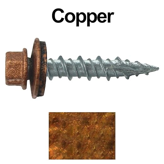 10 x 1 Copper Metal Roofing Screws - Hex Washer Head- Self-Starting/Tapping - EPDM Washer. 1 Bag - 250 Screws