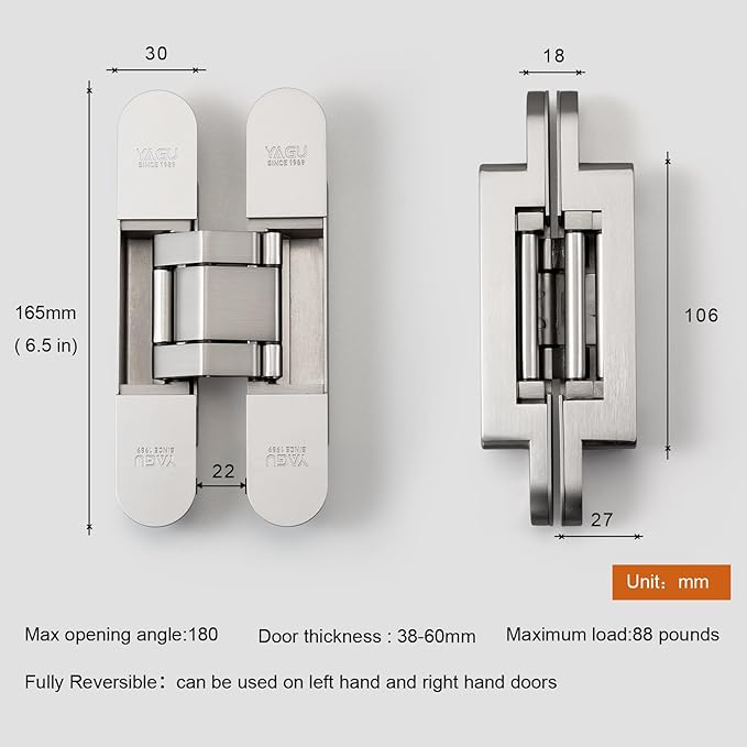 YAGU 6.5 inch 3 Way Adjustable Invisible Hinges Hidden Door Hinges Concealed Hinges Zinc Alloy 180 Degree Swing Hinge Butt Hinge 6.5 x 3.2 x 1.1 inch Matte Silver (1 Piece)