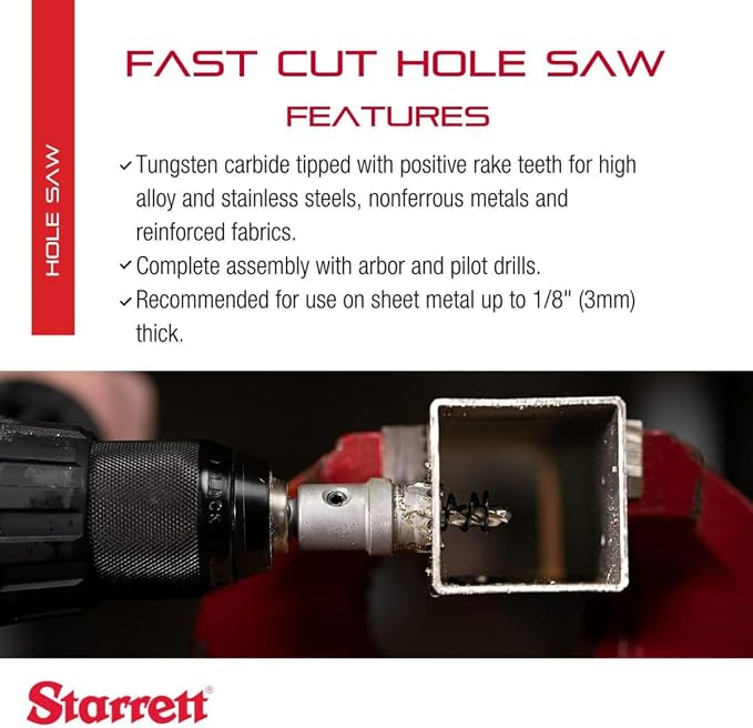 Starrett Tungsten Carbide Tipped Stainless Steel Sheet Metal Hole Saw - Ideal for Stainless, High Alloy Steel, Non-Ferrous Metals, Reinforced Fabrics - 1'' Diameter - SM25
