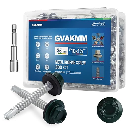 300Pcs #10 x 1-3/8" Green Metal Roofing Screws, Hex Colored Head Self-Drilling Metal to Wood Siding Fasteners, in Reusable Storage Case, Hex Driver Bit Included