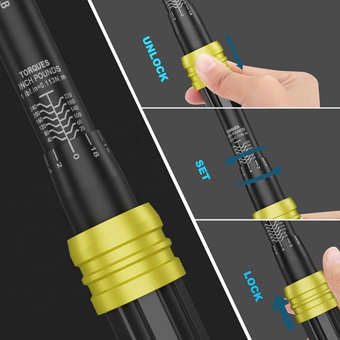 1/4 Inch Click Torque Wrench, 20-240 in.lb/2.3-27.1 Nm, Lightweight | Inch Pound, Small Mini Bike Tool, ±3% Accuracy, 72-Tooth Dual Direction, Dual Range for Carbon Fiber Bicycle, MTB Maintenance