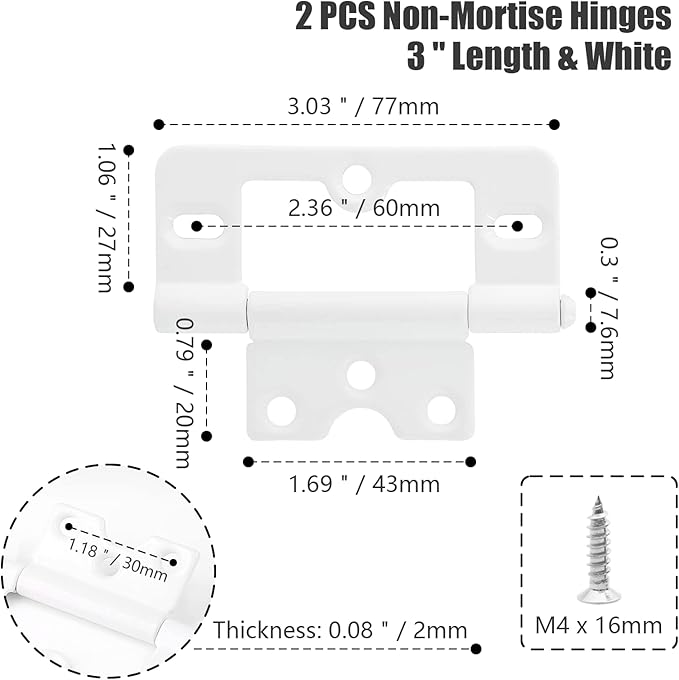 2PCS Non-Mortise Hinges 3 inch White Door Hinges with Mounting Screws, Chest Hinges Heavy Duty Bifold Door Hinges Iron Cabinet Hinges, Precision Butt Hinge for Furniture Windows Cupboard