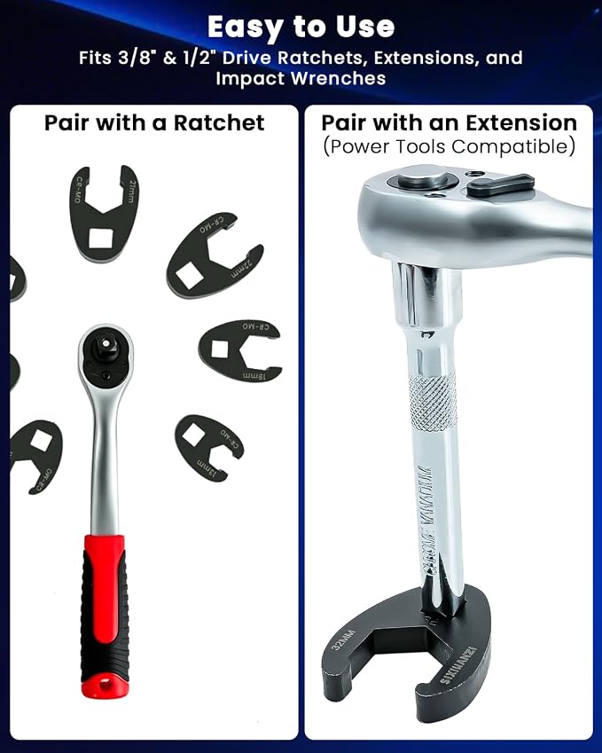 SIXIWANZI Crowfoot Wrench Set, 24pc Flare Nut 8-32mm 3/8" 1/2" Drive | 8-32mm CR-MO steel, black phosphate coated, ratchet torque ready, 2 bars adapter organizer case for auto repair